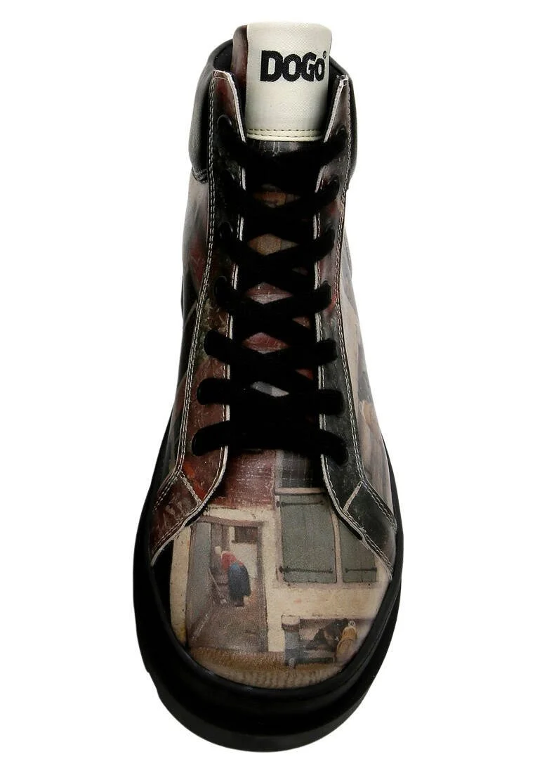 Femme Cuir Vegan Noir Bottines - Brick in the Wall Motif