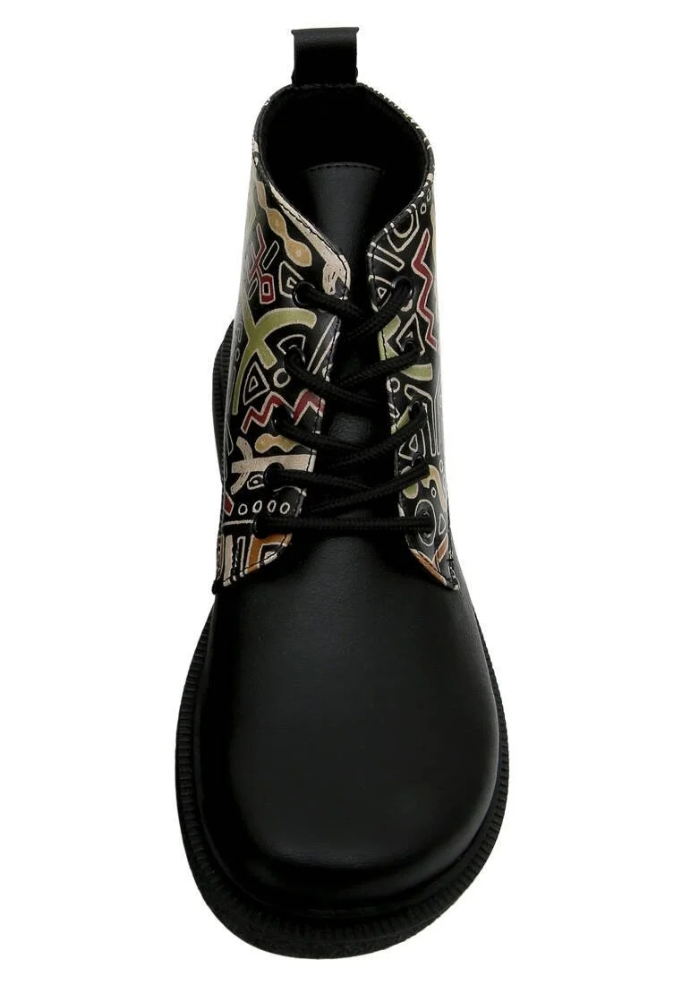 Femme Cuir Vegan Noir Bottines - Good Fortune Black Motif