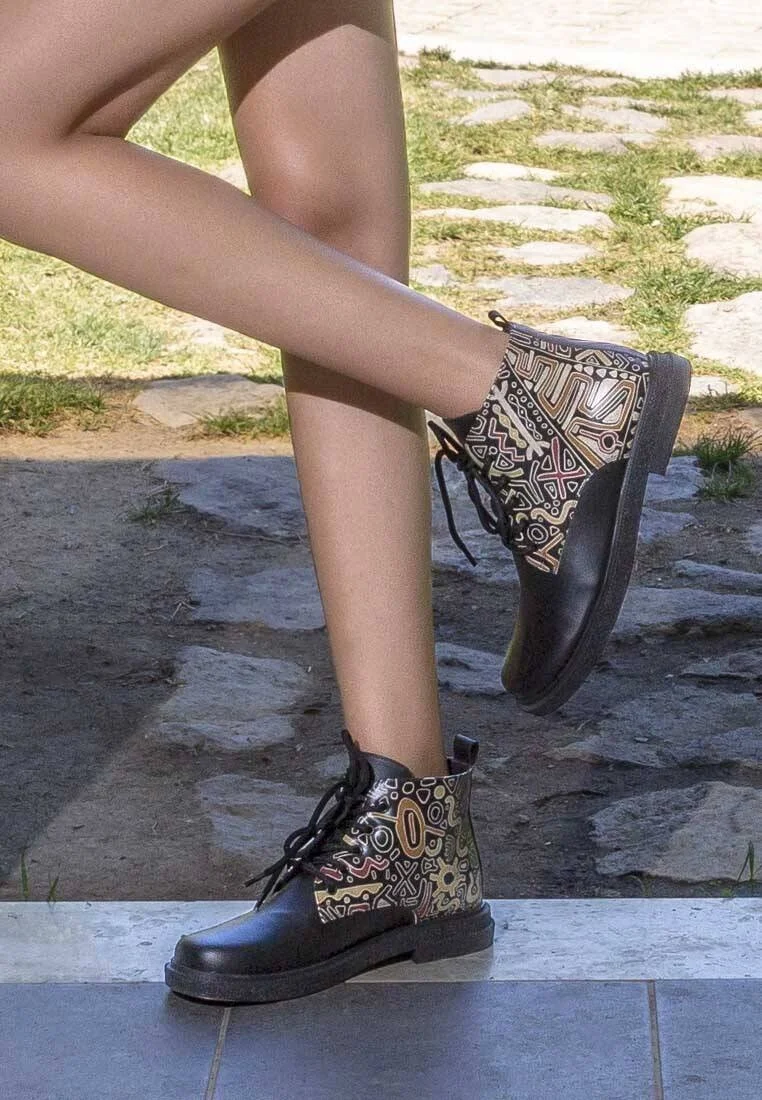 Femme Cuir Vegan Noir Bottines - Good Fortune Black Motif