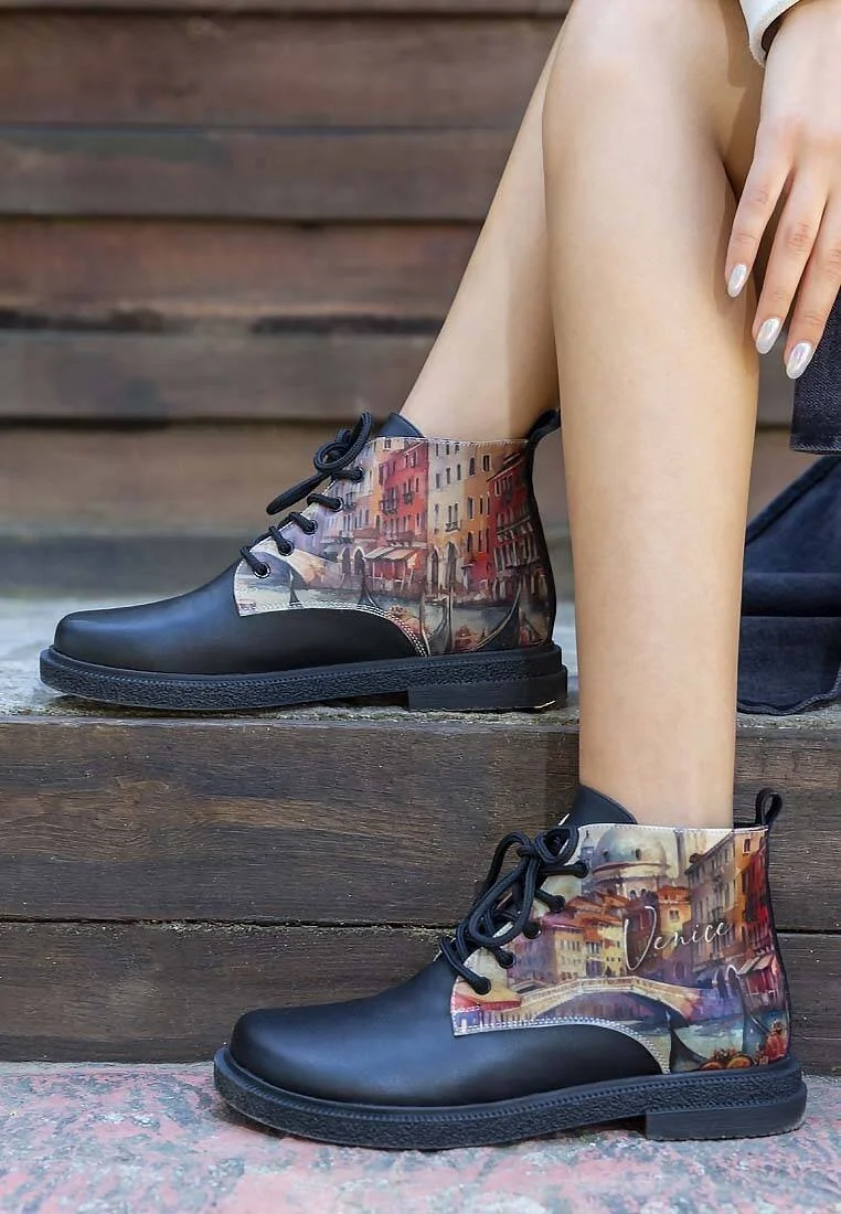 Femme Cuir Vegan Noir Bottines - Venice Motif