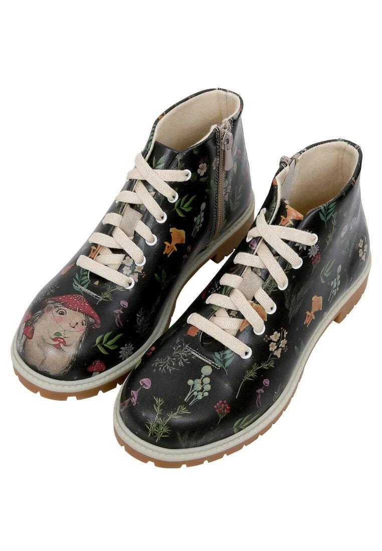 Femme Cuir Vegan Noir Bottines Zippées - Hedge-Hug Motif