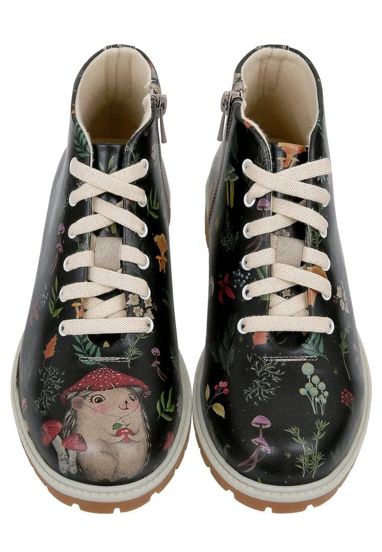 Femme Cuir Vegan Noir Bottines Zippées - Hedge-Hug Motif