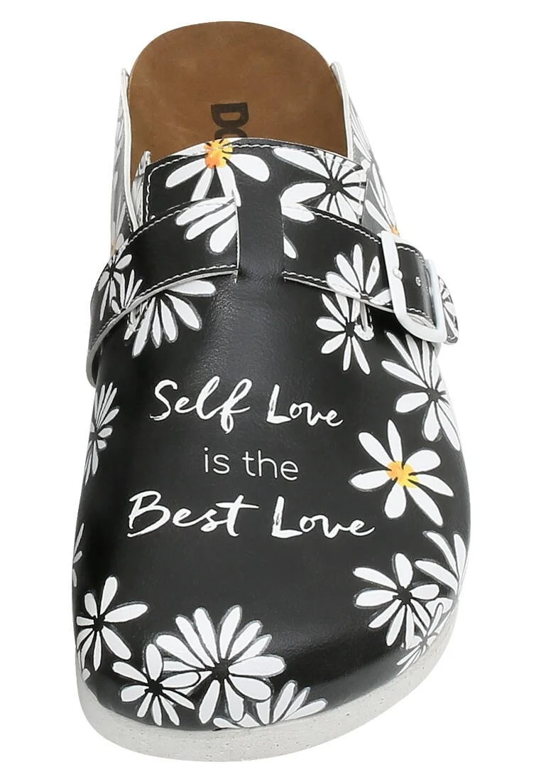 Femme Cuir Vegan Noir Chaussons - Self Love is the Best Love Motif
