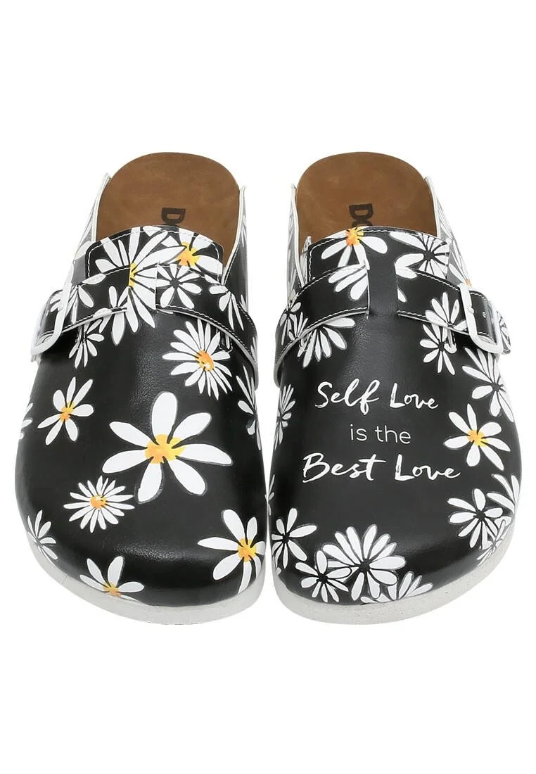 Femme Cuir Vegan Noir Chaussons - Self Love is the Best Love Motif