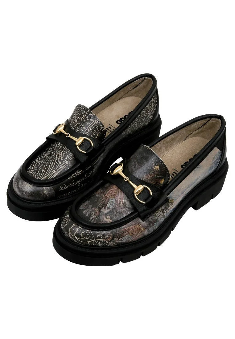 Femme Cuir Vegan Noir Mocassins - The Model Book Of Calligraphy Motif