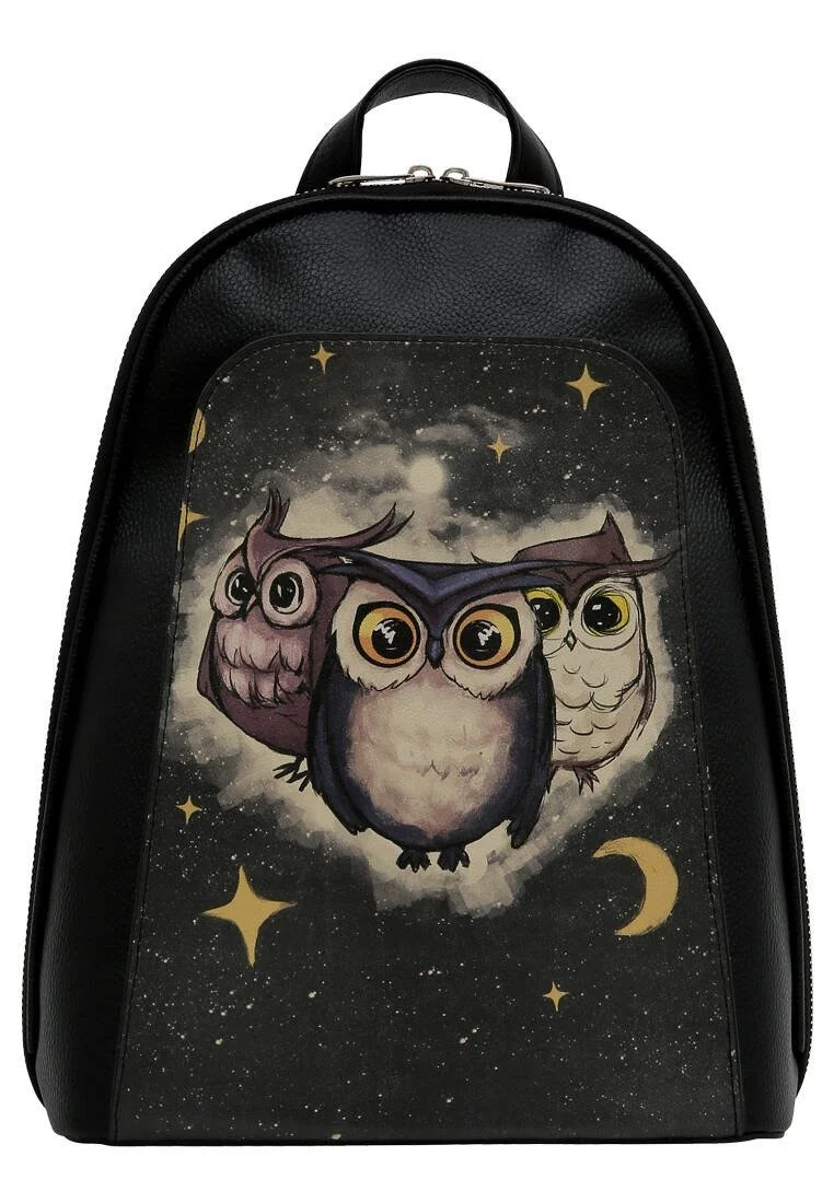 Femme Cuir Vegan Noir Sac à dos - Owls Family Motif