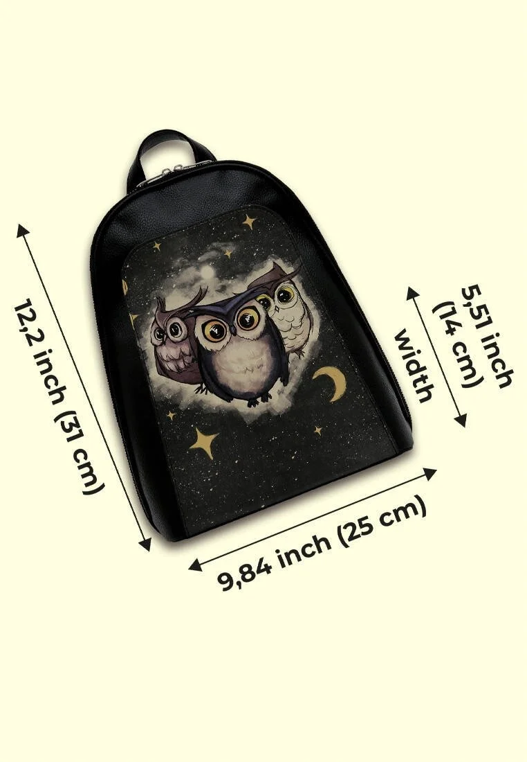 Femme Cuir Vegan Noir Sac à dos - Owls Family Motif