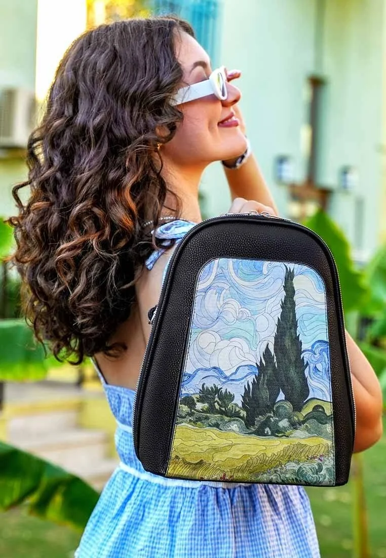 Femme Cuir Vegan Noir Sac à dos - Vincent van Gogh A Wheat Field with Cypresses Motif