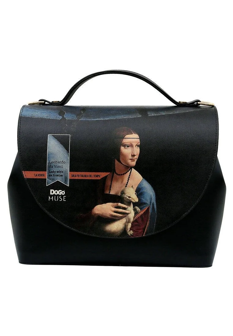 Femme Cuir Vegan Noir Sac à Main - Leonardo da Vinci Lady with an Ermine Motif