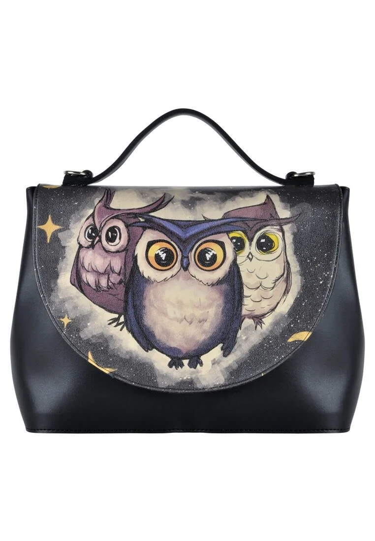 Femme Cuir Vegan Noir Sac à Main - Owls Family Motif
