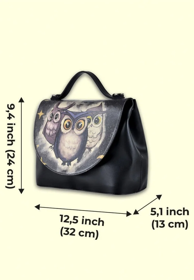 Femme Cuir Vegan Noir Sac à Main - Owls Family Motif