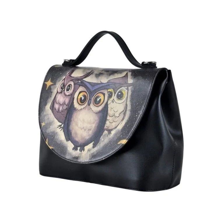 Femme Cuir Vegan Noir Sac à Main - Owls Family Motif