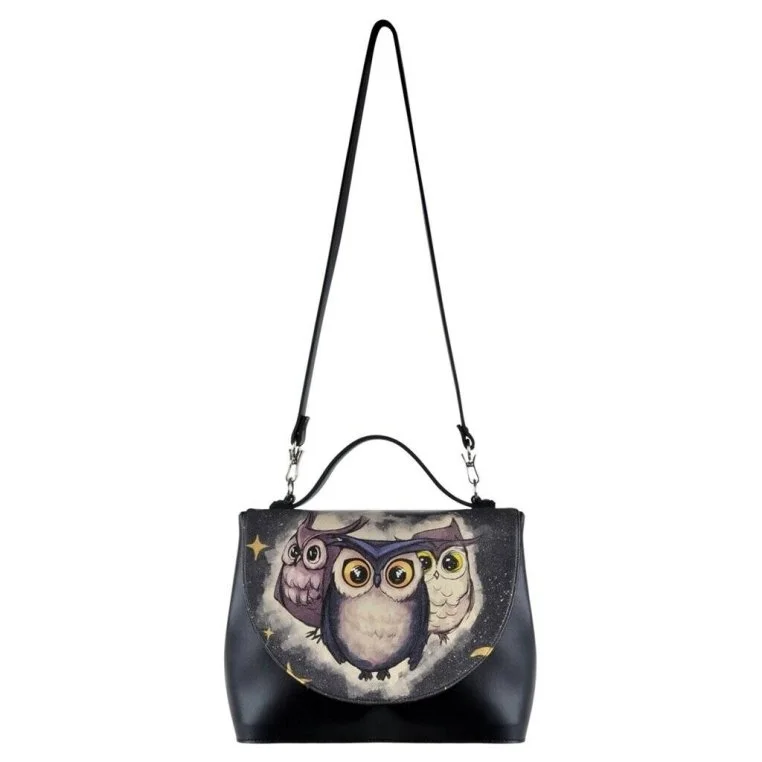 Femme Cuir Vegan Noir Sac à Main - Owls Family Motif