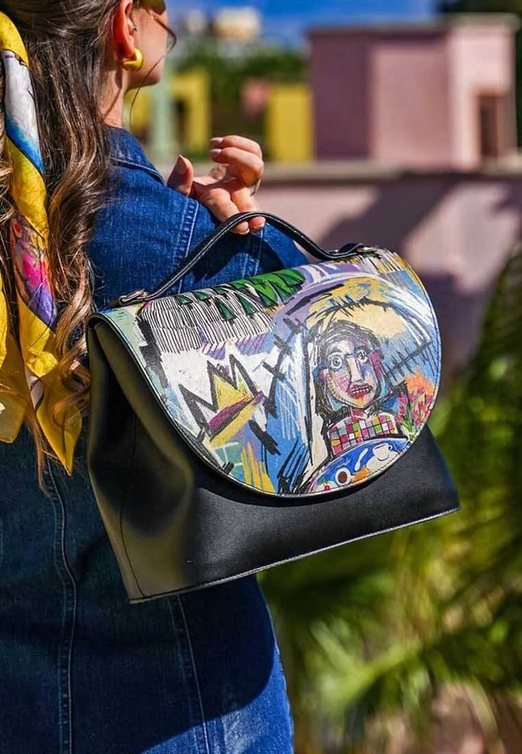 Femme Cuir Vegan Noir Sac à Main - Live and Save Motif