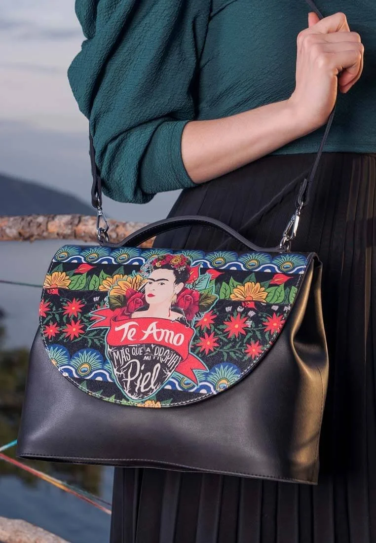 Femme Cuir Vegan Noir Sac à Main - Te Amo Frida Kahlo Motif