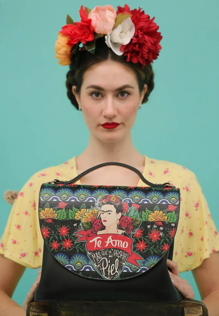 Femme Cuir Vegan Noir Sac à Main - Te Amo Frida Kahlo Motif