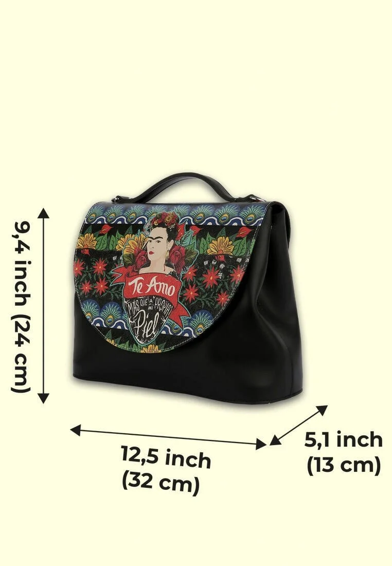Femme Cuir Vegan Noir Sac à Main - Te Amo Frida Kahlo Motif