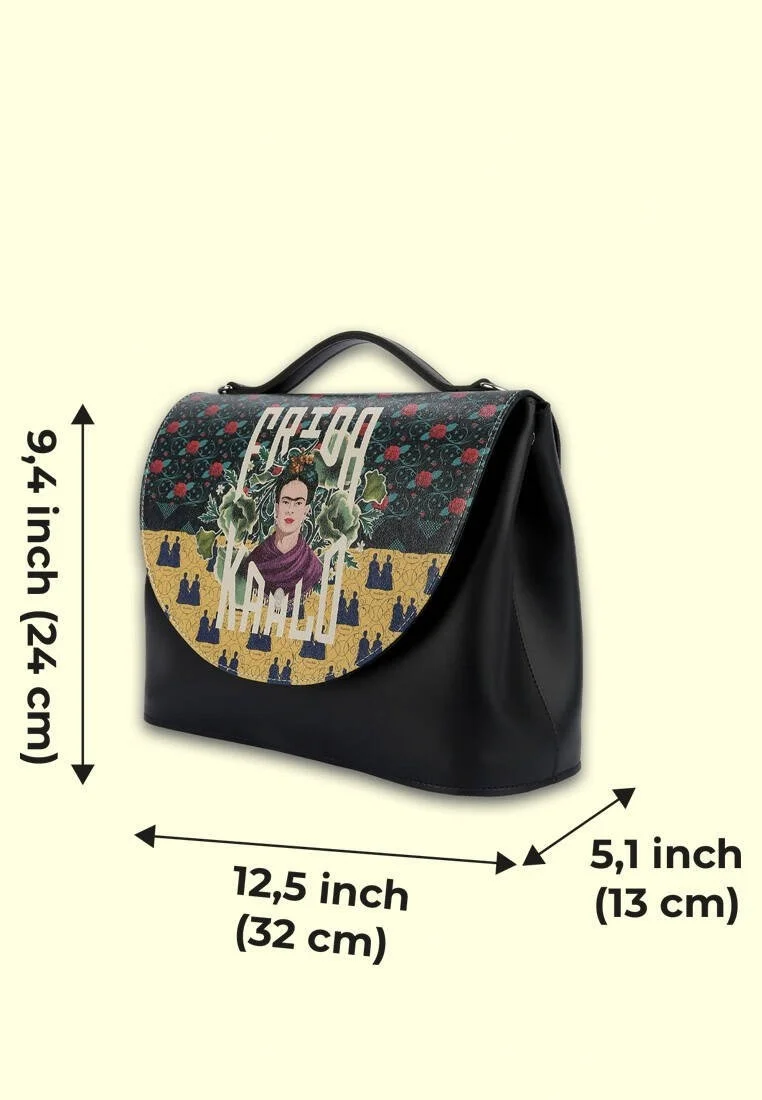 Femme Cuir Vegan Noir Sac à Main - Frida’s World Frida Kahlo Motif
