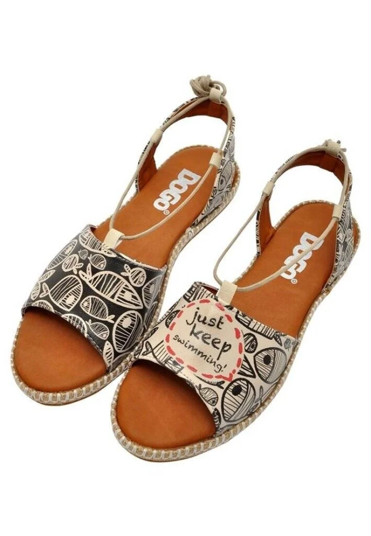 Femme Cuir Vegan Noir Sandales à Lacets - Just Keep Swimming Motif
