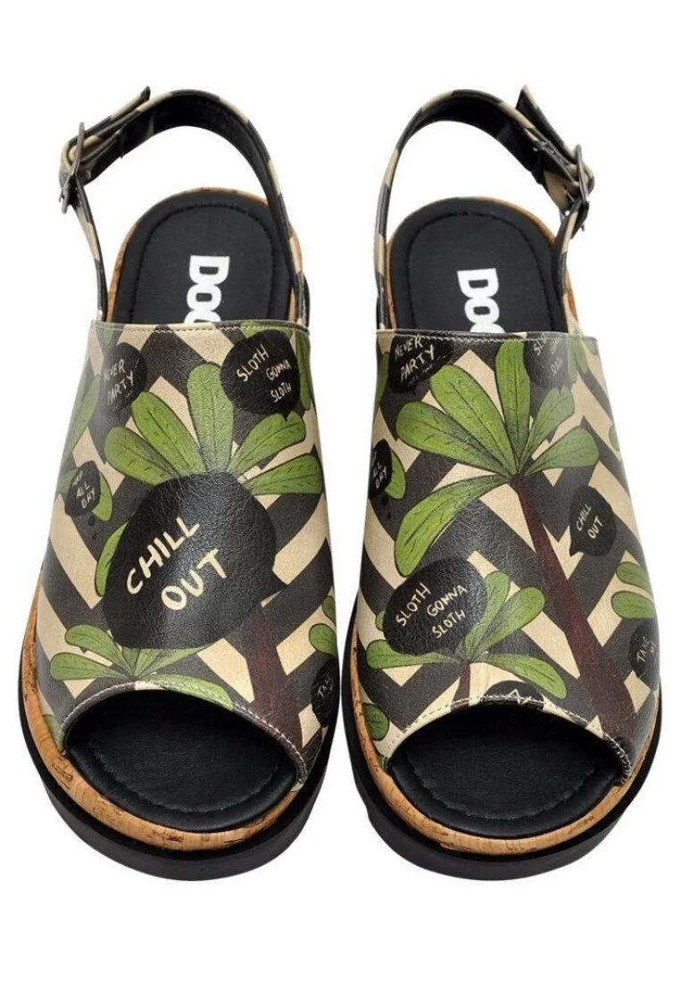 Femme Cuir Vegan Noir Sandales compensées - Chilly Motif