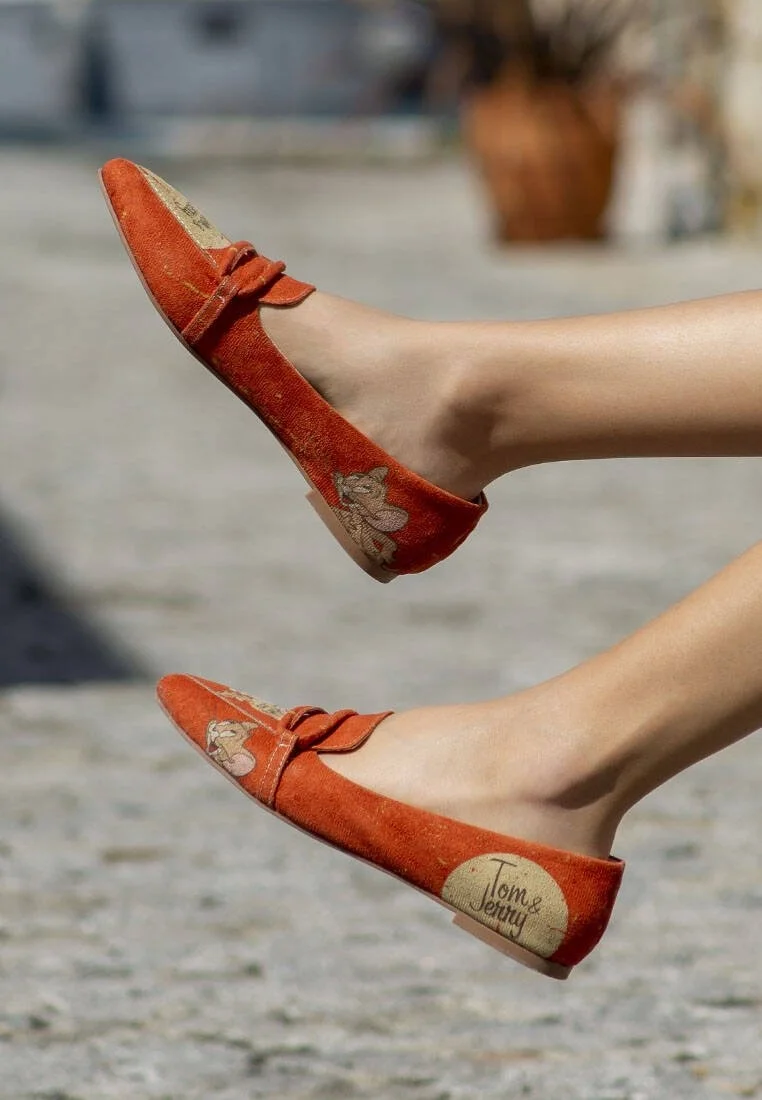 Femme Cuir Vegan Orange Chaussures Plates - Warner Bros Tom & Jerry Motif