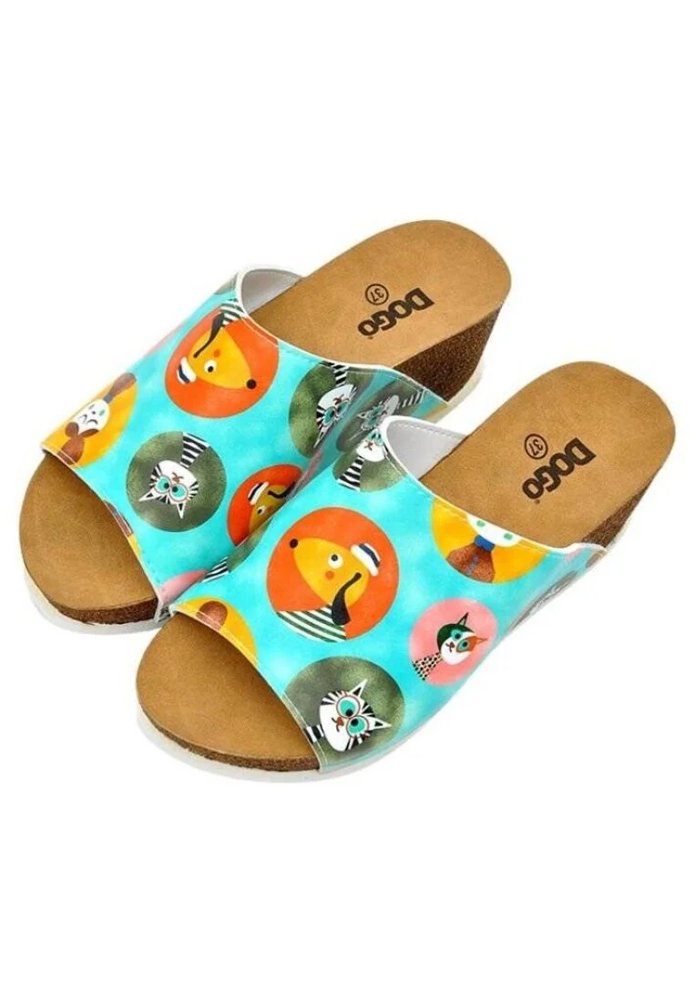 Femme Cuir Vegan Turquoise Pantoufles Compensées - Dog and Cat Motif