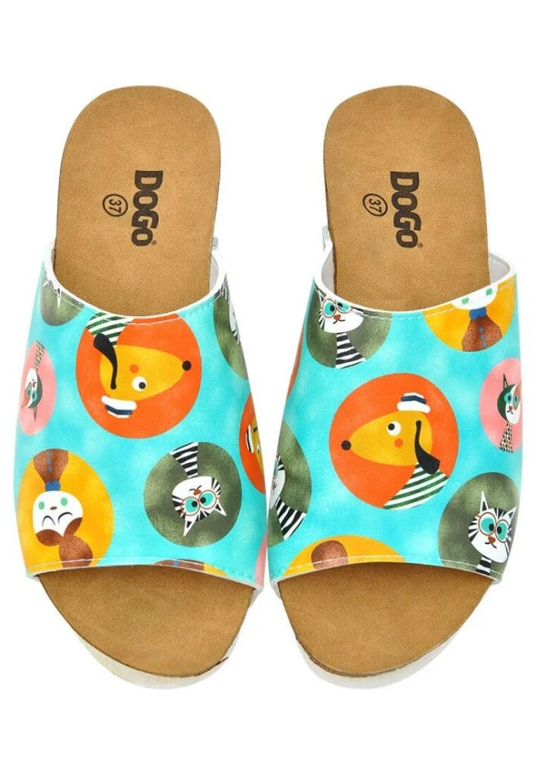 Femme Cuir Vegan Turquoise Pantoufles Compensées - Dog and Cat Motif