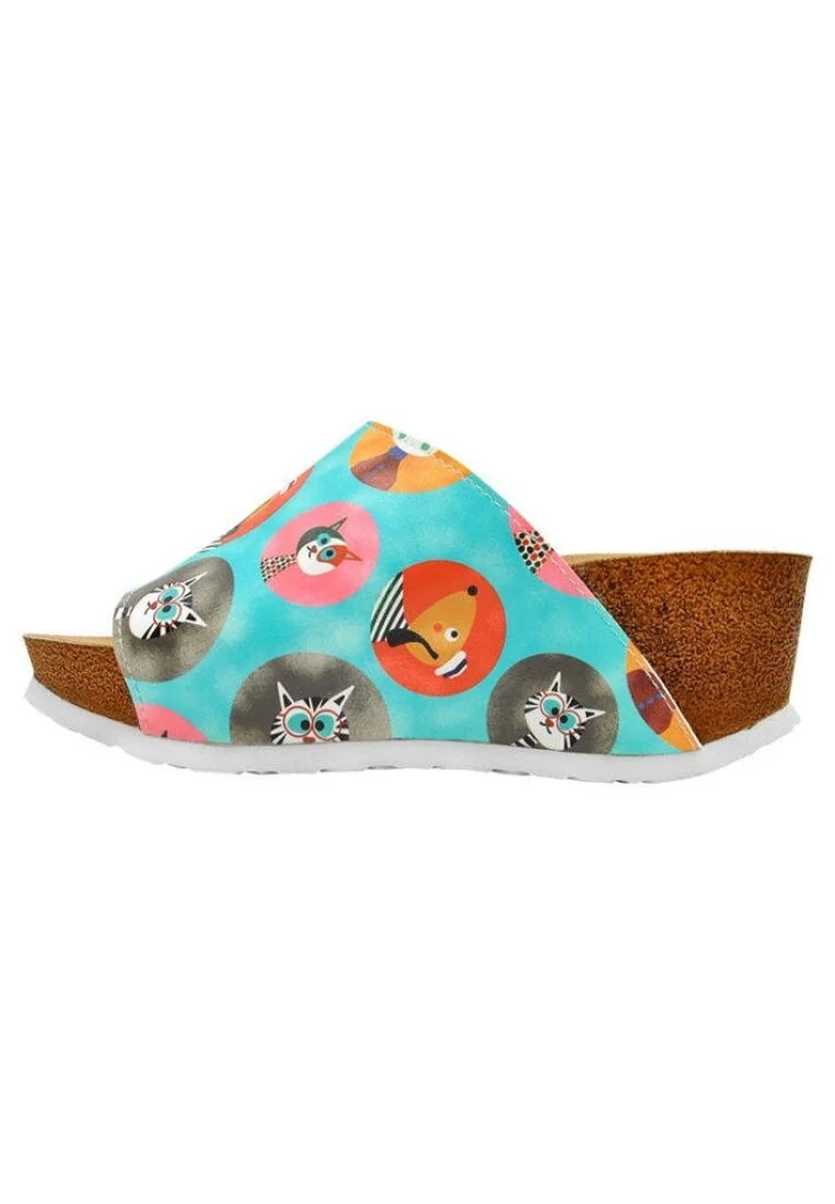 Femme Cuir Vegan Turquoise Pantoufles Compensées - Dog and Cat Motif