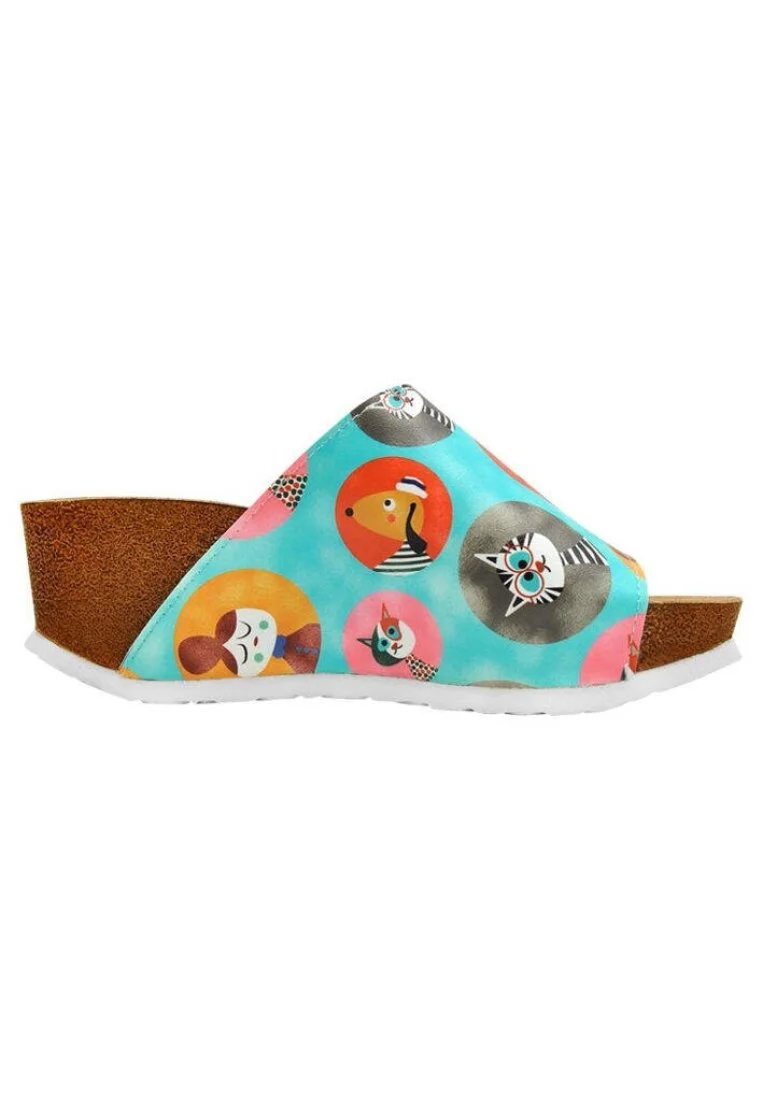 Femme Cuir Vegan Turquoise Pantoufles Compensées - Dog and Cat Motif