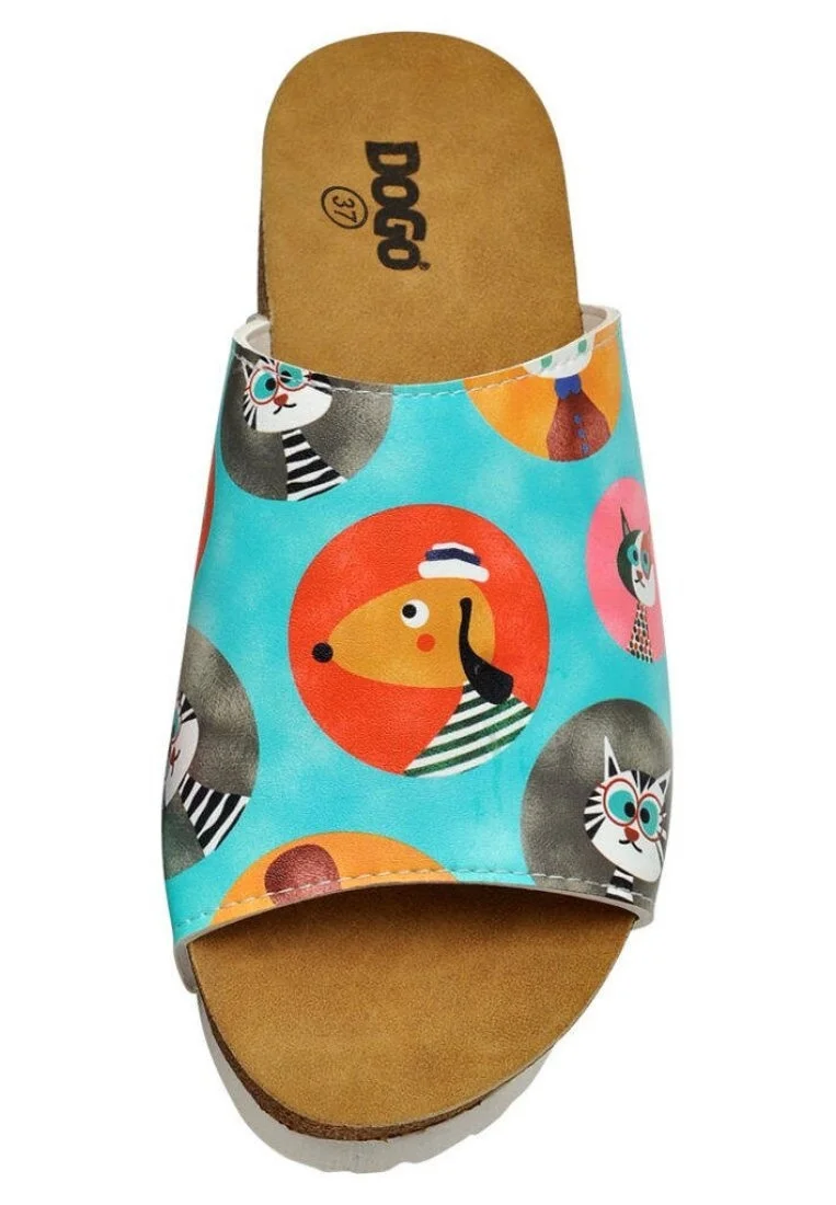 Femme Cuir Vegan Turquoise Pantoufles Compensées - Dog and Cat Motif
