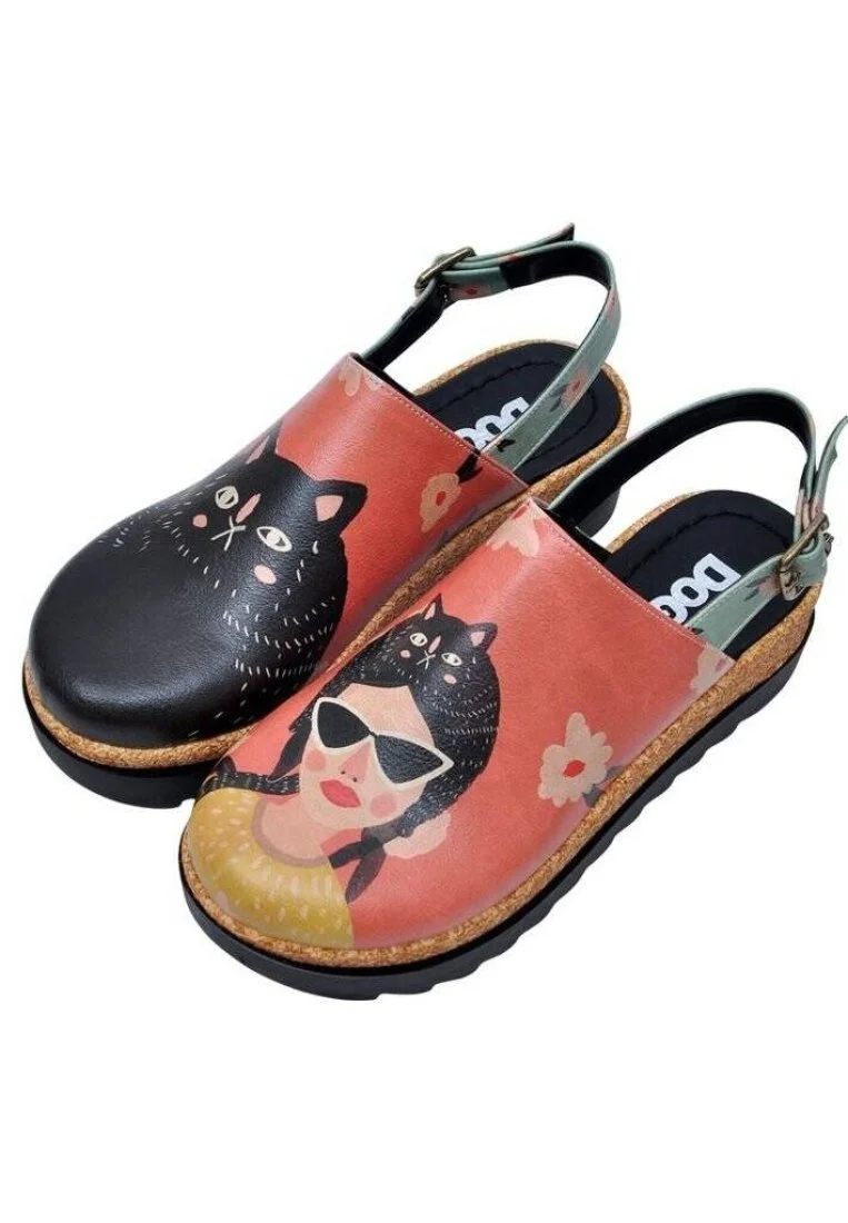 Femme Cuir Vegan Rose Sandales Compensées - Cat Hat Motif