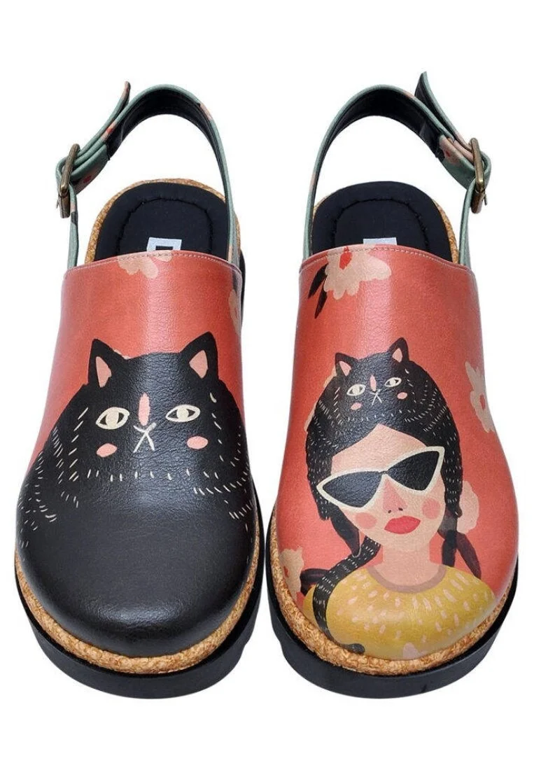 Femme Cuir Vegan Rose Sandales Compensées - Cat Hat Motif