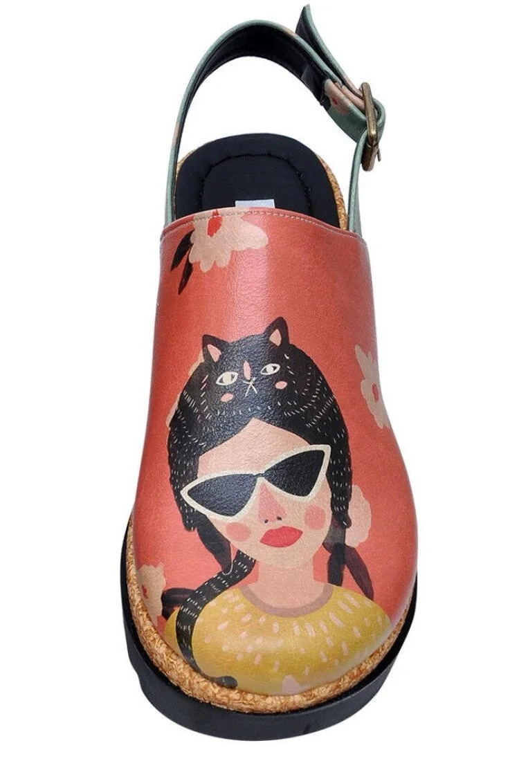 Femme Cuir Vegan Rose Sandales Compensées - Cat Hat Motif