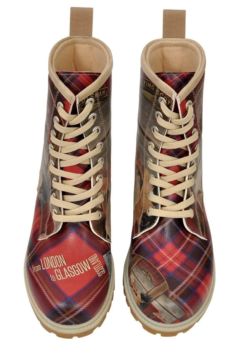 Femme Cuir Vegan Rouge Bottes Longues - Scottish Dining Car Motif