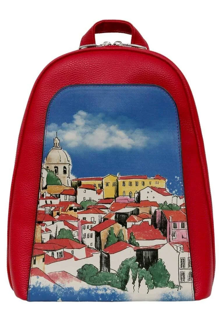 Femme Cuir Vegan Rouge Sac à dos - On the Roofs Motif