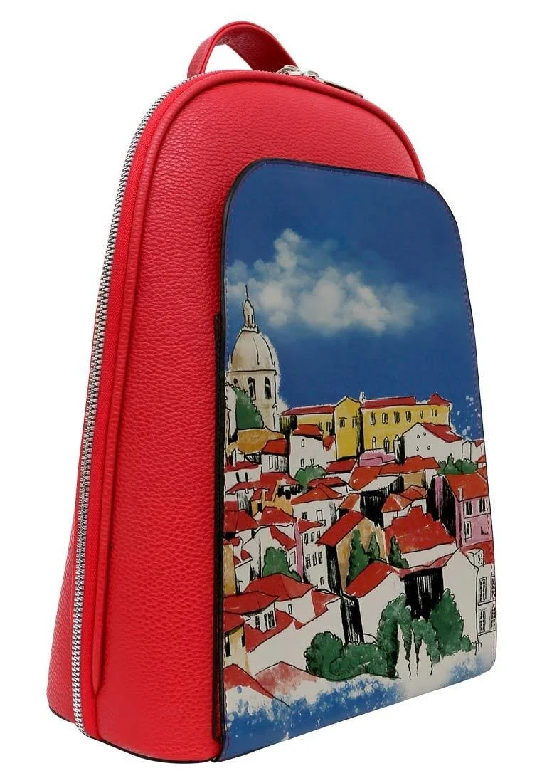 Femme Cuir Vegan Rouge Sac à dos - On the Roofs Motif