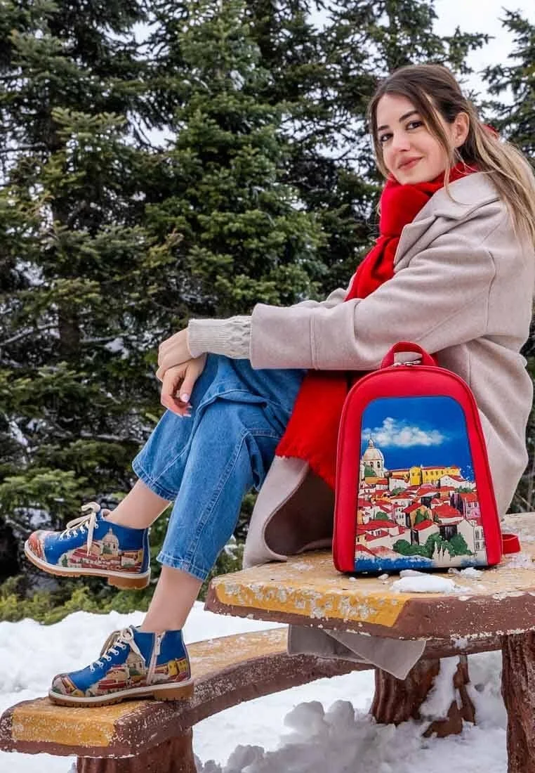 Femme Cuir Vegan Rouge Sac à dos - On the Roofs Motif
