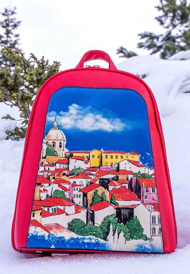 Femme Cuir Vegan Rouge Sac à dos - On the Roofs Motif