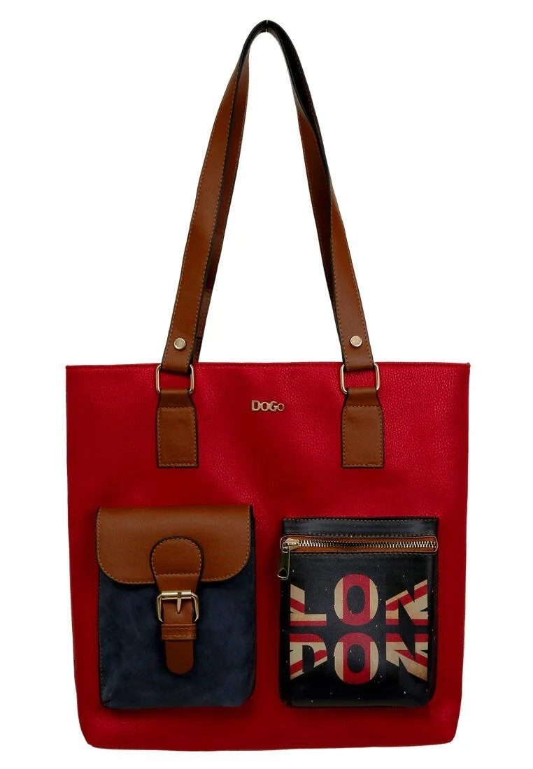 Femme Cuir Vegan Rouge Sac d'épaule - It's the Time for London Motif