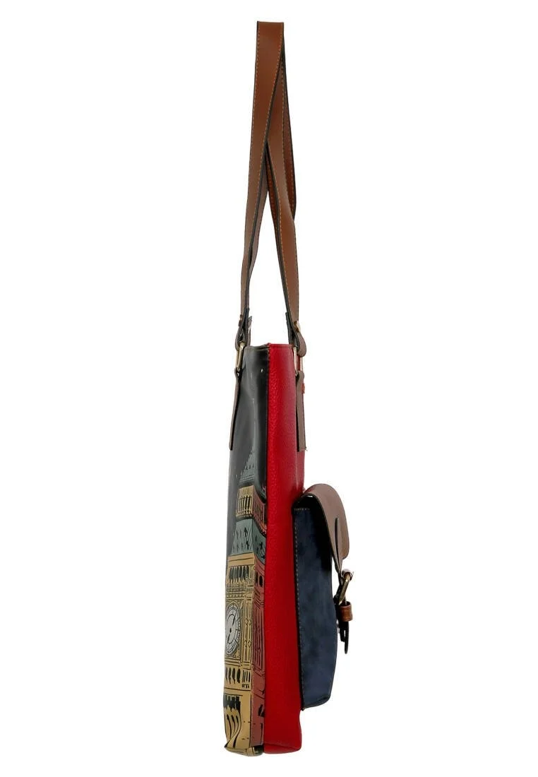 Femme Cuir Vegan Rouge Sac d'épaule - It's the Time for London Motif