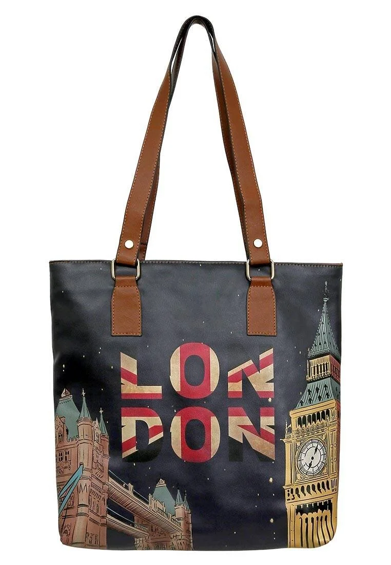 Femme Cuir Vegan Rouge Sac d'épaule - It's the Time for London Motif