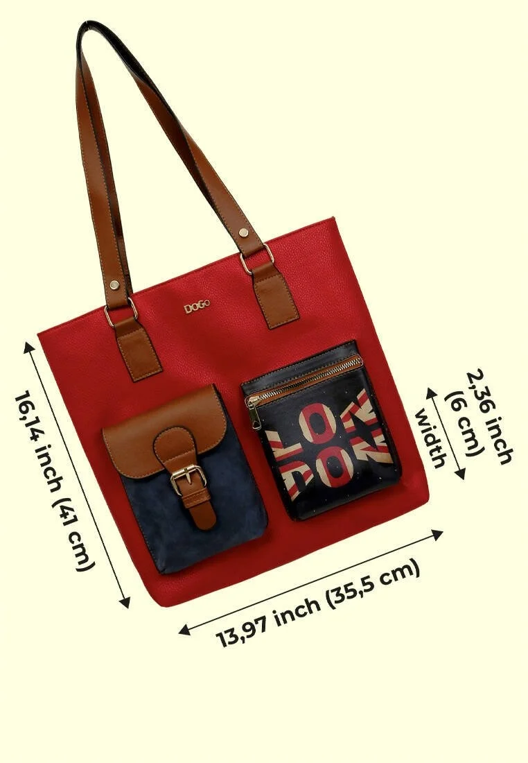 Femme Cuir Vegan Rouge Sac d'épaule - It's the Time for London Motif
