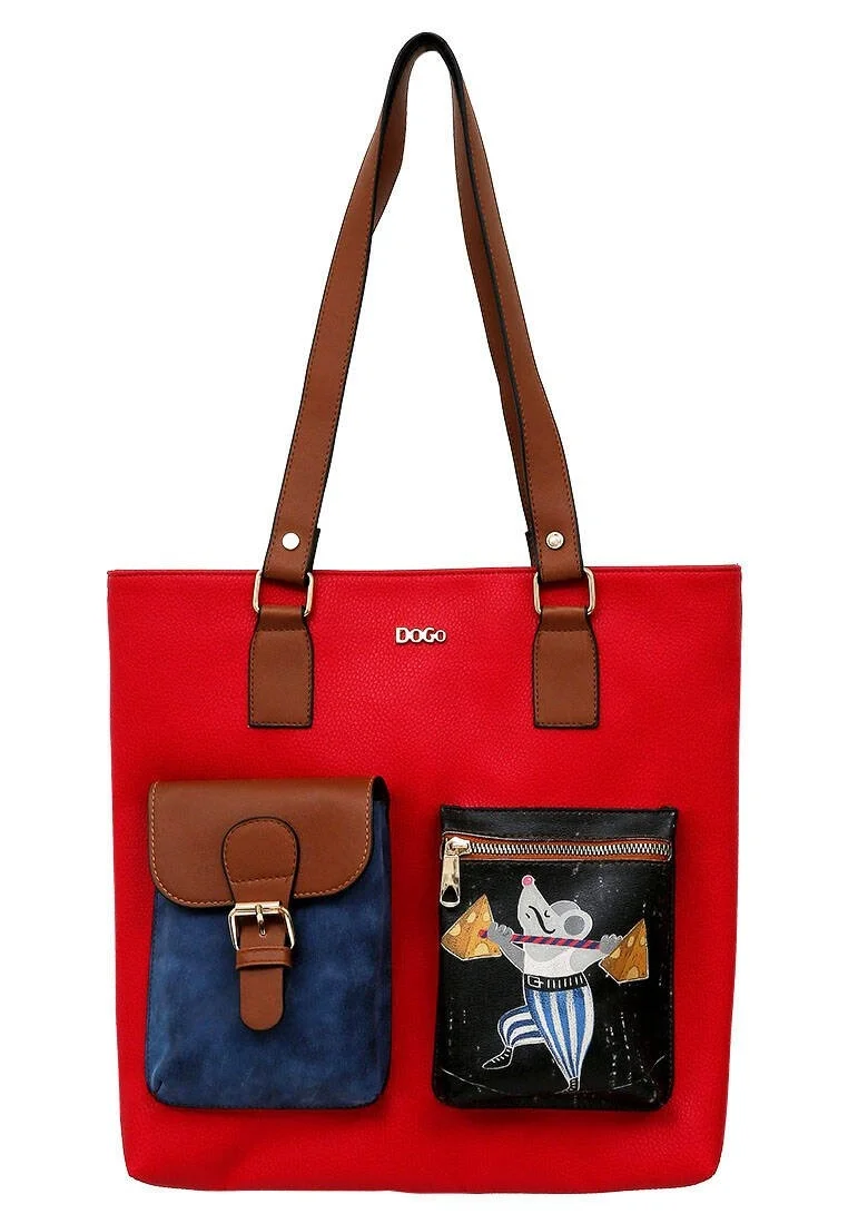 Femme Cuir Vegan Rouge Sac d'épaule - Cat and Mouse Motif