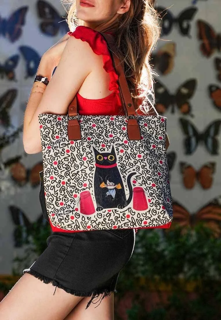 Femme Cuir Vegan Rouge Sac d'épaule - Cat and Mouse Motif