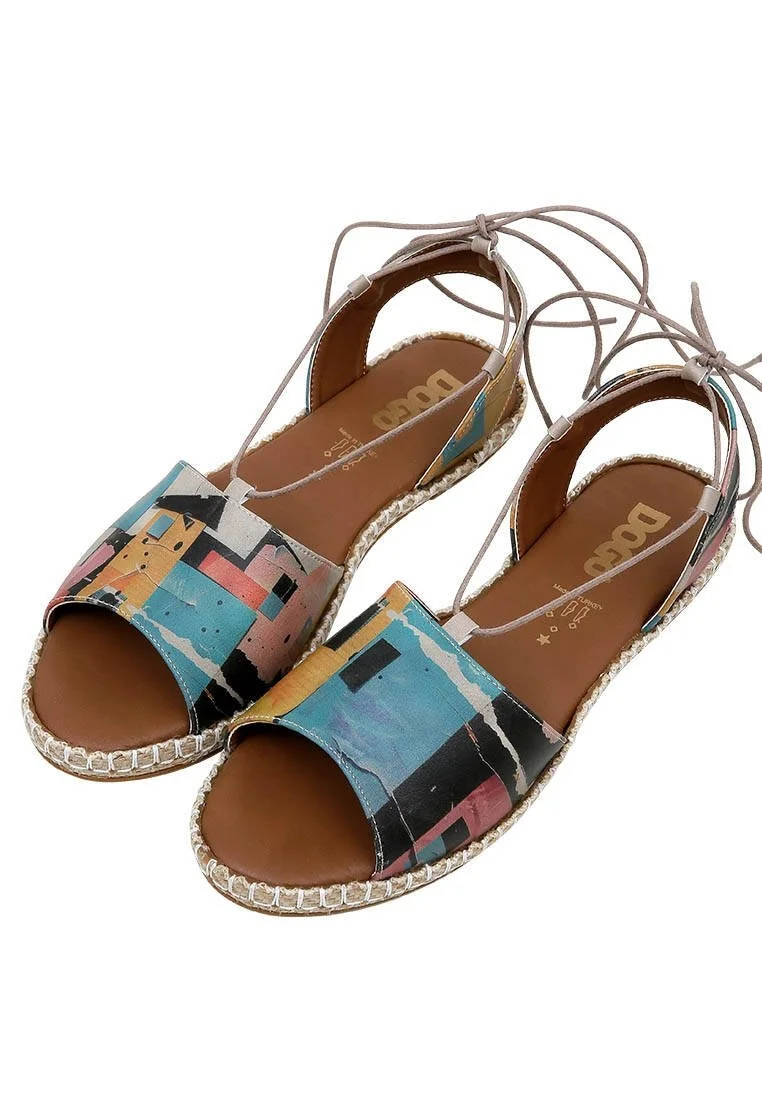 Femme Cuir Vegan Multicolore Sandales à Lacets - Block Houses Motif