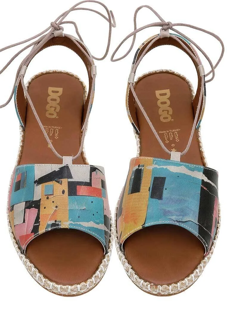 Femme Cuir Vegan Multicolore Sandales à Lacets - Block Houses Motif