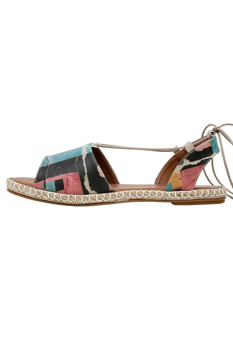 Femme Cuir Vegan Multicolore Sandales à Lacets - Block Houses Motif