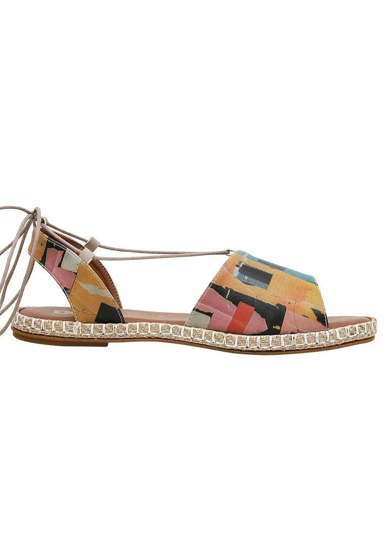 Femme Cuir Vegan Multicolore Sandales à Lacets - Block Houses Motif