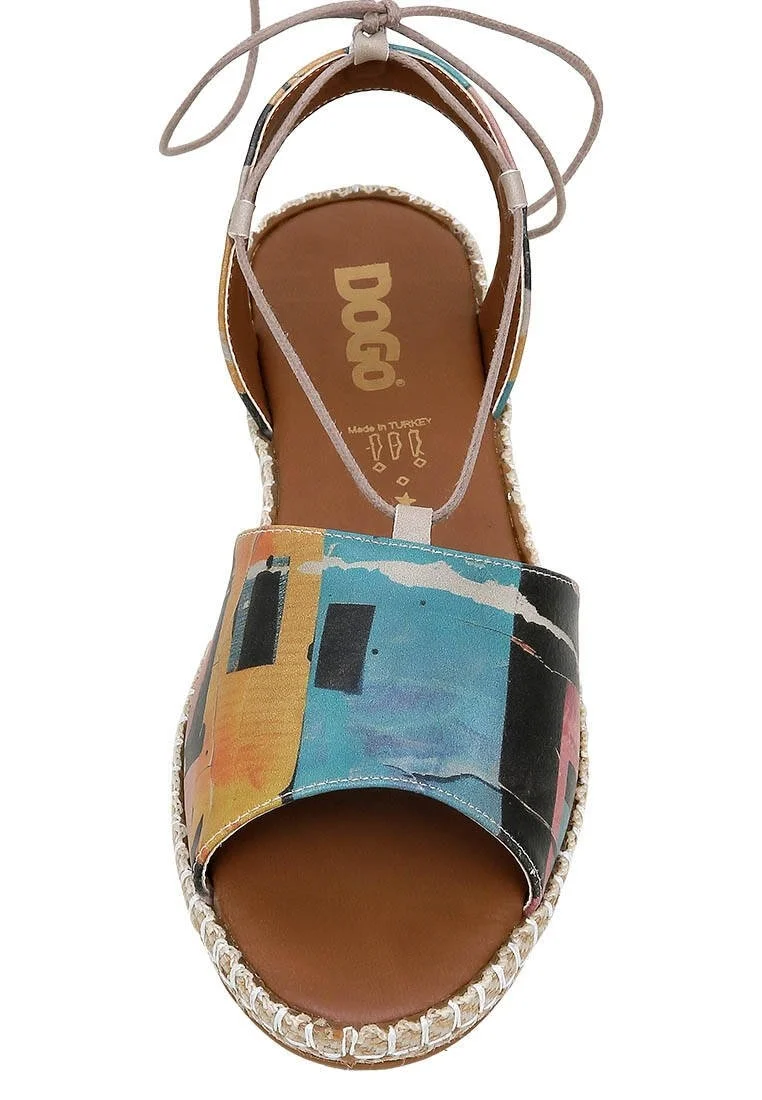 Femme Cuir Vegan Multicolore Sandales à Lacets - Block Houses Motif