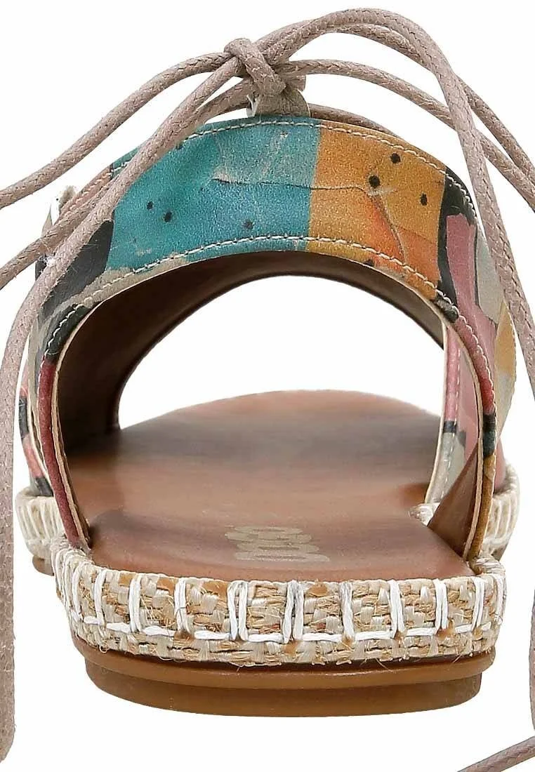 Femme Cuir Vegan Multicolore Sandales à Lacets - Block Houses Motif